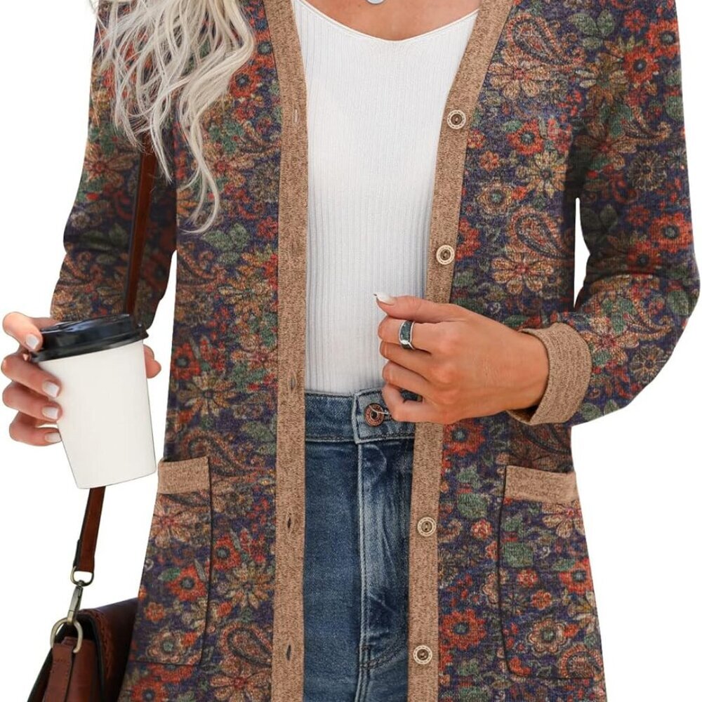 Women's Long Sleeve Open Front Cardigan Button Down Ribbed Lightweight Knit Oute